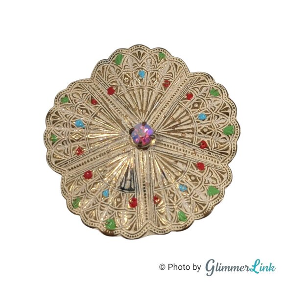 Vintage 1950s Western Germany Ornate Gold Tone Enamel Rhinestone Brooch - Picture 1 of 8